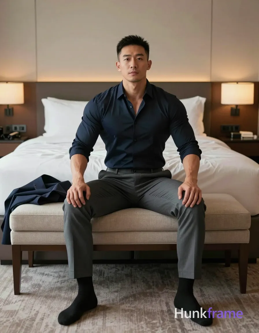 Asian man with medium-dark skin and short black hair seated on a beige upholstered bench. He wears a dark navy button-down shirt fully worn, sleeves rolled to forearms, grey dress trousers, and black socks without shoes. His torso is upright, legs spread apart, hands resting on thighs in a neutral gaze at camera showcasing broad shoulders and defined chest arms with bear energy. A dark suit jacket drapes over the left armrest beside him. Full-body shot from head to feet centered in frame within a hotel bedroom interior featuring a large bed behind and patterned carpet foreground. Soft ambient indoor lighting with warm lamp glow on right side creates clean composition, balanced framing, and neutral background., a single uninterrupted photograph only, no written words or typography anywhere in frame, no captions, no app UI, no social-media post layout, no screenshot borders