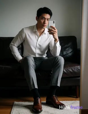 Asian man seated on dark leather sofa, legs spread knees bent taking mirror self