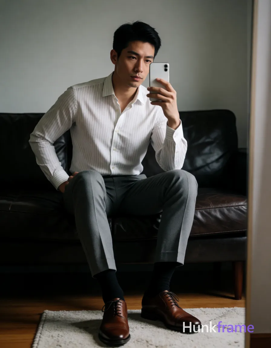 Asian man seated on dark leather sofa, legs spread knees bent taking mirror selfie with white smartphone at chest level; White long-sleeve button-up shirt subtle vertical stripes top two buttons undone revealing upper chest and collarbone artistic partial nude adult; Grey tailored trousers cuffed slightly above ankle black dress socks pulled up to mid-calf brown cap-toe oxford shoes visible on light-colored rug below; Broad shoulders defined pectorals toned arms short black buzz cut straight texture high forehead clean hairline clean-shaven neutral direct gaze at phone camera in mirror reflection left hand resting behind back near hip right arm raised holding smartphone; Indoor room featuring dark leather tufted sofa against light grey wall wooden floor partially covered by textured rug vertical mirror frame visible along right edge of image soft ambient indoor lighting creating gentle shadows on face and clothing folds white grey brown black palette polished confident stylish mood clean lines minimalist composition fine-art photography dramatic lighting sculpted poses premium fashion-editorial aesthetic handsome masculine subject tailored; single clean uninterrupted photograph with a cohesive editorial composition and plain continuous surrounding surfaces