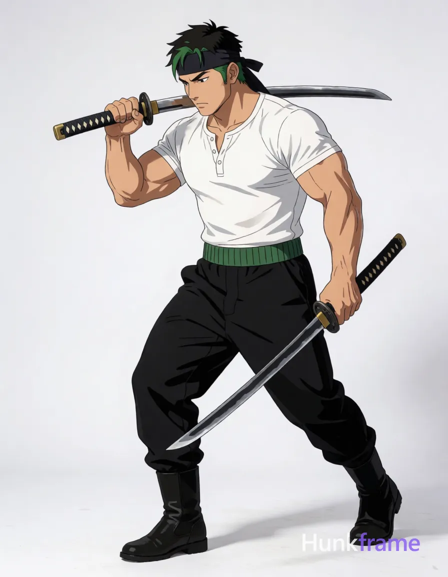 Heavily muscular adult man with substantial muscle mass, wide shoulders, thick neck, large chest and arms, powerful thighs, and dense bodybuilding proportions; Asian man with light-medium skin and short black hair featuring green streaks at temples, tucked under a black headband; Clean-shaven face with stoic expression gazing downward-left; Standing in dynamic combat-ready stance: left leg forward planted firmly, right leg back with heel lifted mid-stride, torso twisted slightly to the viewer's left; Holding katana horizontally across shoulders gripping hilt near center; second sword held diagonally downward in right hand angled toward ground; Wearing white short-sleeved henley shirt top button undone exposing upper chest clavicles and pectorals, green ribbed waistband around hips defining abdominal muscles, black loose-fitting pants with cuffed ankles, black mid-calf boots; Full body centered against plain white background studio setting; Soft directional key light from upper-left creating subtle shadows on right side of face and torso, even fill lighting minimizing harsh contrasts; Clean lines with minimal shading, stylized figure proportions typical of anime/manga-inspired design; Vertical; single clean uninterrupted artwork with a cohesive composition and plain continuous surrounding surfaces