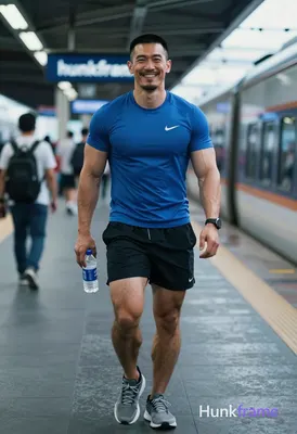 Asian man with short dark buzz cut and light stubble on upper lip, smiling broadly walking forward o