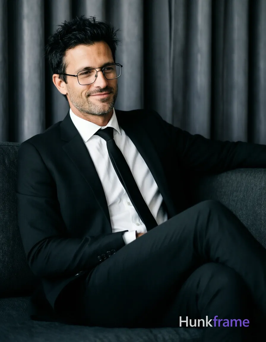an anonymous figure man with light to medium skin seated on a dark upholstered sofa, short textured black hair with messy top and clean sides, rectangular wire-rimmed glasses with thin black frames worn clearly over eyes; He wears a slim build in a single-breasted black suit jacket notched lapel, white button-down dress shirt with top two buttons undone collar open, centered black necktie knot at collar, light stubble along jawline upper lip clean-shaven chin calm composed slight hint closed-mouth smile head tilted right left arm extended backrest right leg bent knee left leg extended forward; Mid-shot waist-up to thighs occupies majority frame against heavy dark gray curtains background soft directional lighting from front-left creating subtle shadows shallow depth of field blurring curtain folds high contrast fine-art photography aesthetic sophisticated polished mood vertical portrait 13:19 aspect ratio clean negative space screen-safe; The adult man visibly wears rectangular wire-rimmed glasses with thin black frames; clear lenses; worn on face covering both eyes on his face; preserve the exact; single clean uninterrupted photograph with a cohesive editorial composition and plain continuous surrounding surfaces