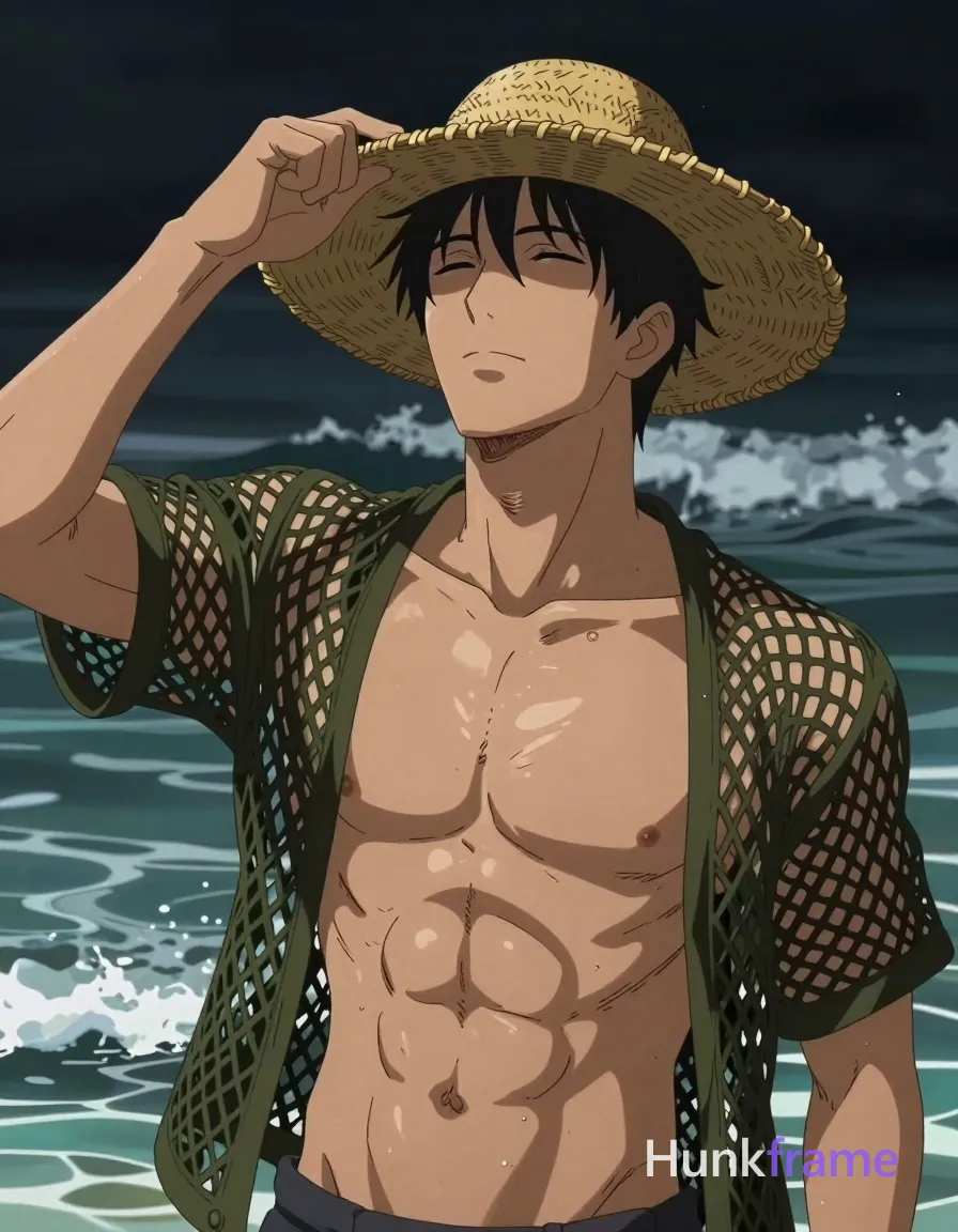 Asian man with tanned skin and short black straight hair stands in shallow water at night, adjusting a wide-brimmed straw hat on his head; He is shirtless with an olive-green open-knit mesh garment draped over shoulders exposing entire chest and abdomen; Broad shoulders, defined pectorals, visible abdominal definition; Relaxed expression with head tilted back slightly, eyes closed squinting against light; Vertical portrait orientation 13:19 aspect ratio; Close-up torso-to-head framing from mid-chest up to forehead where hat brim partially obscures upper face and right eye; Shallow depth of field blurring background waves with dramatic directional lighting highlighting chest musculature in polished anime style, same aesthetic theme and photo feel as the reference but a different man in a different pose with distinct body proportions, Chinese man, light tan skin, high cheekbones, lean wiry martial-arts physique; single clean uninterrupted artwork with a cohesive composition and plain continuous surrounding surfaces