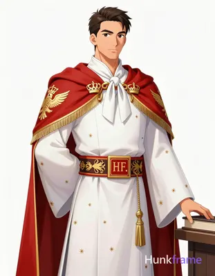 Adult man with short dark brown hair and sideburns, neutral serious expression i