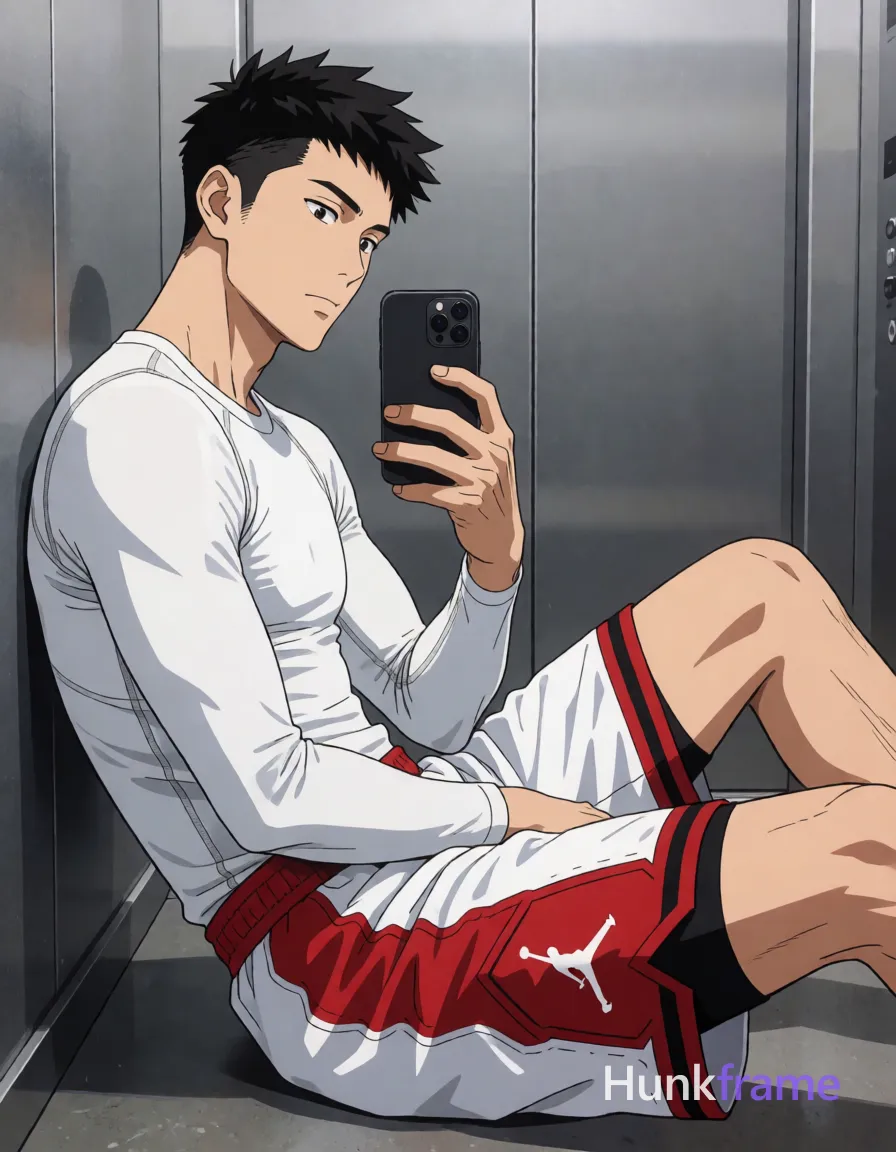 Polished anime style rendering of Asian man with short spiky black hair seated against gray elevator wall, left leg bent on floor right leg extended upward resting against door frame; Wearing white long-sleeve compression shirt and white basketball shorts with red panel Jumpman logo; Athletic build with defined calves and thighs visible under fully clothed attire; Holding black smartphone in right hand taking mirror selfie while torso leans forward slightly; High-quality 2.5D next-gen character rendering expressive face within minimalist elevator interior; Vertical portrait 13:19 aspect ratio full-body shot capturing clean lines and focused neutral expression, same aesthetic theme and photo feel as the reference but a different man in a different pose with distinct body proportions, Slavic man, pale skin, ash blond stubble, tall athletic frame; single clean uninterrupted artwork with a cohesive composition and plain continuous surrounding surfaces