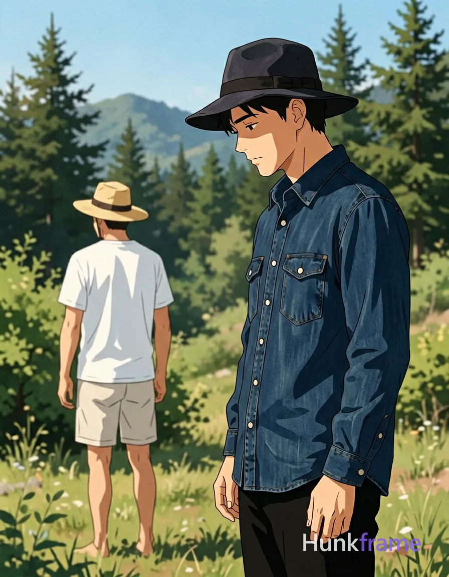 Two adult men in an open field rendered as polished anime 2.5D next-gen game art, right foreground man stands profile facing left with head tilted down and arms relaxed wearing dark denim button-up shirt with chest pocket and cuff buttons plus black pants under a wide-brimmed dark hat. Left mid-ground second man faces away toward distant trees and mountain wearing white short-sleeve t-shirt light-colored shorts obscured by foliage and a wide-brimmed light tan hat with dark band. Bright daylight natural sunlight casts soft shadows on skin and clothing against tall green shrubs evergreen trees and clear blue sky. Vertical portrait framing capturing full upper bodies surrounding environment right foreground cropped at waist up to head fine-art photography aesthetic editorial composition depth via foreground background layering minimalist subject focus serene contemplative mood., wearing underwear or swim trunks, covered genitals, no frontal nudity, a single uninterrupted photograph only, no written words or typography anywhere in frame, no captions, no app UI, no social-media post layout, no screenshot borders