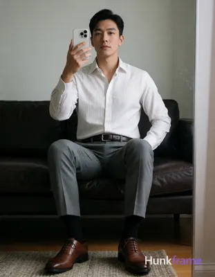Asian man seated on dark leather sofa, legs spread apart with knees bent; Right 