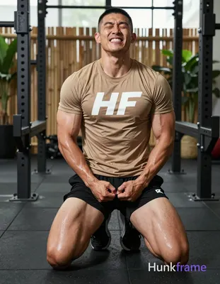 Asian man with short black buzz cut and clean-shaven face, eyes closed tightly w
