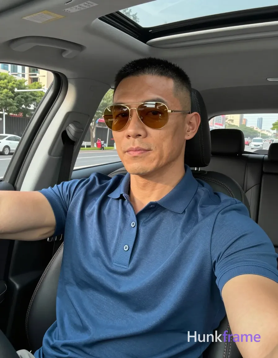 an anonymous figure man with light-medium skin and a short buzz cut featuring black textured top layer, wearing gold-rimmed aviator sunglasses with reflective amber lenses resting on the nose bridge; He is seated in the driver's seat of a car, leaning back against the headrest while extending his left arm outward holding an invisible device for a selfie angle; Dressed in a blue short-sleeved polo shirt with buttoned placket and single visible button, fully clothed adult torso showing broad shoulders and defined collarbones; Portrait crop from chest up to forehead, center-left composition occupying majority of frame, head slightly tilted toward camera; Interior of modern vehicle during daylight hours with sunroof open revealing sky above; city street visible through windows with trees and buildings in distance; Natural sunlight streaming from left side creating soft shadows on right cheek and neck; High-resolution smartphone photography with slightly warm white balance and shallow depth of field blurring background street scene, conveying confident athletic strength; The adult man visibly wears gold-rimmed; single clean uninterrupted photograph with a cohesive editorial composition and plain continuous surrounding surfaces
