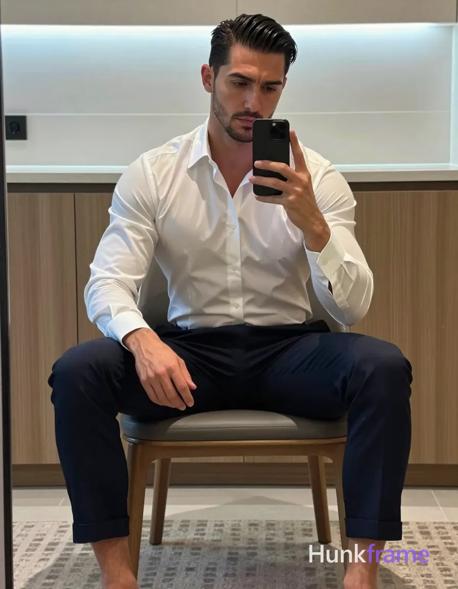 Photograph of exactly 1 adult man. Man 1: light to medium, oval with defined jawline, short, dark brown/black hair, side-parted slick-back style, clean-shaven hairline, clean-shaven, beard, or mustache. Man 1 has fully exposed eyes, eyebrows, temples and nose bridge. Athletic man with broad shoulders, substantial arms seated confidently. Holding black smartphone in right hand to capture mirror selfie pose. White long-sleeve dress shirt, dark navy tailored trousers cuffed at ankles. Vertical portrait full-body shot captured via modern interior room reflection. Modern interior with light wood cabinetry, patterned rug under chair. Soft ambient indoor lighting with cool-toned backlight from illuminated tiles. High-fashion editorial aesthetic featuring clean lines and structured silhouette