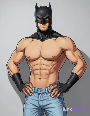 Adult man with light medium tan skin and light stubble on chin, wearing black Batman-style cowl mask