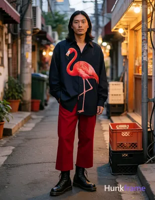 Asian man with medium-tan cool skin and long dark black hair center-parted, stan