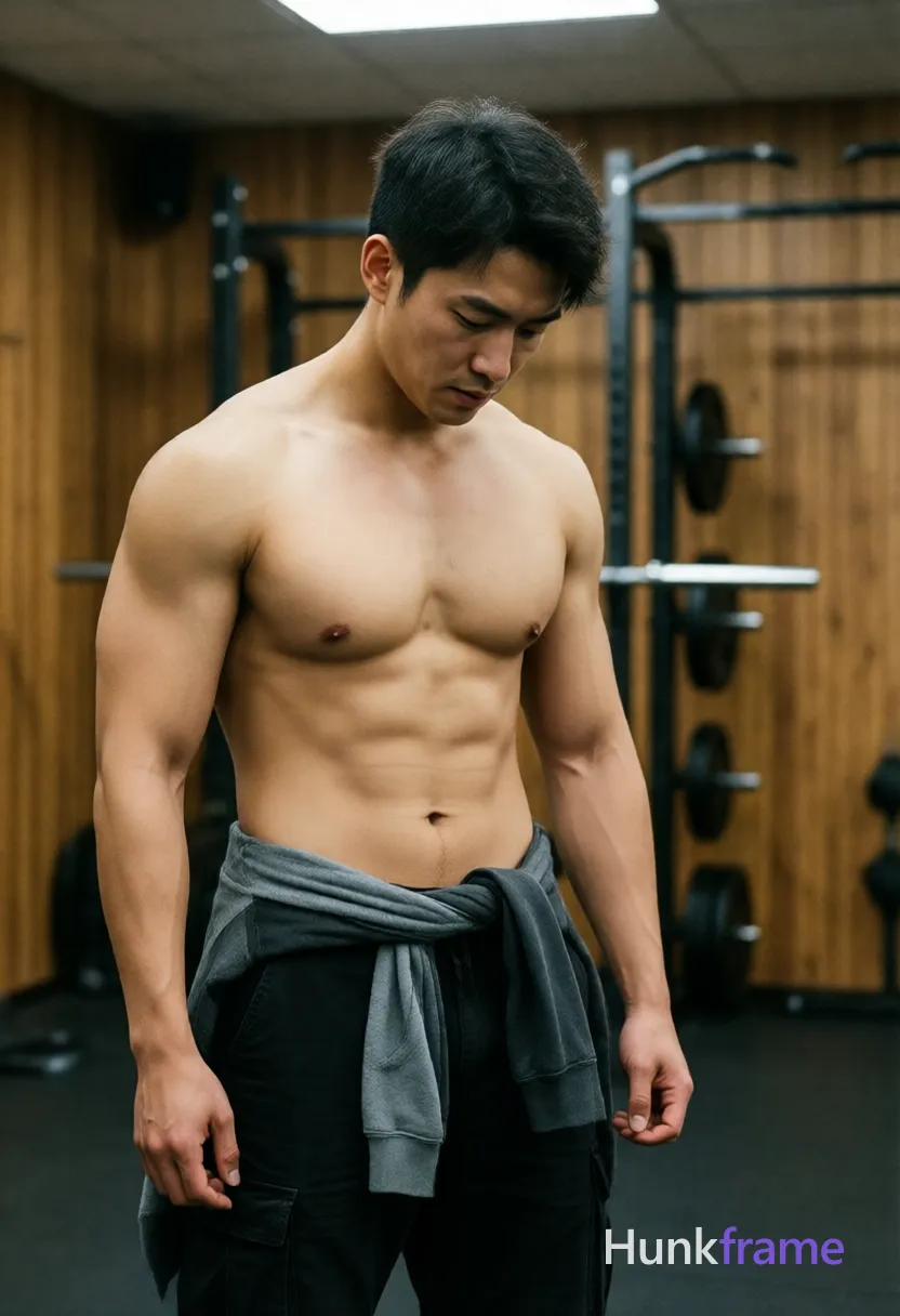 Photograph of exactly 1 adult man. Man 1: Asian, light tan, oval with defined jawline, short dark hair, slightly tousled texture, clean-shaven, small mole on left pectoral area. Man 1 has fully exposed eyes, eyebrows, temples and nose bridge. Muscular Asian man stands upright with broad shoulders, defined abs. Head tilted downward in neutral contemplative expression while standing still. Shirtless chest bare wearing black cargo pants with gray hoodie draped over waist. Vertical portrait framing subject from top of head to upper thighs center-left. Indoor gym environment featuring wooden paneling, weight rack in background. Soft overhead ambient light casting subtle shadows across torso and arms naturally. Fine-art photography aesthetic with clean composition focusing on sculpted male physique