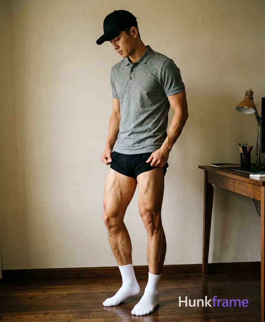 A handsome adult man with light to medium tan skin stands sideways in a cozy indoor room, head bowed under a black baseball cap; He wears a heather grey short-sleeve polo shirt buttoned at the second collar and pulls up his black athletic shorts with both hands, exposing thick thighs and defined calves while balancing weight onto the right leg; White crew socks meet bare feet on dark wood flooring; desk equipment sits to the right under soft directional natural light from that side; The composition captures a candid lifestyle moment in this fine-art photography vertical shot, same aesthetic theme and photo feel as the reference but a different man in a different pose with distinct body proportions, lean Korean man, sharp jaw, monolid eyes, slim swimmer build, natural black hair; securely fitted underwear or swim trunks with complete frontal coverage; single clean uninterrupted photograph with a cohesive editorial composition and plain continuous surrounding surfaces