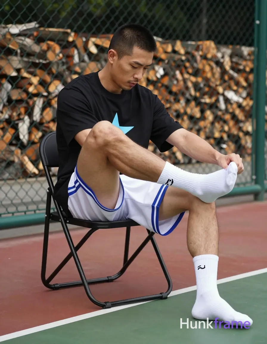 an anonymous figure man with short black buzz cut and light stubble on jawline sits on a folding chair outdoors, pulling up white crew sock on right foot with both hands while left hand rests near ankle; He wears a black short-sleeve t-shirt with light blue star graphic partially obscured by pose, white basketball shorts with blue side panels mid-thigh waistband, and white socks with small black logo; Thick quadriceps, defined hamstrings, and slim waistline visible in full-body shot from mid-thigh up to head against green chain-link fence on red/green court surface with stacked firewood background under soft natural daylight; single clean uninterrupted photograph with a cohesive editorial composition and plain continuous surrounding surfaces