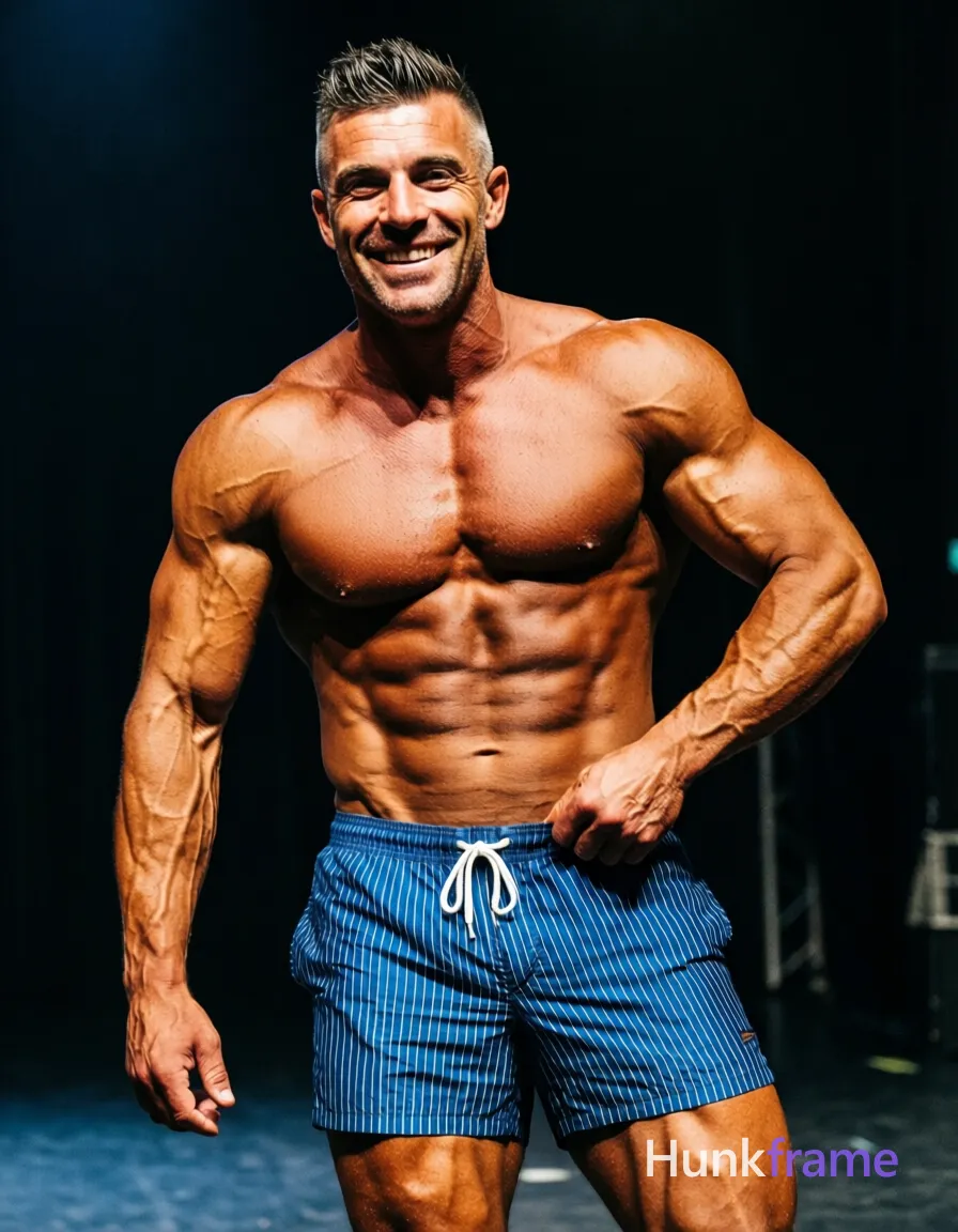 A handsome adult man with tanned skin, short dark hair styled on top and faded sides, clean-shaven face smiling broadly. He stands facing the camera in a waist-up portrait framing against a dark indoor stage background. Shirtless with highly muscular chest, defined abdominal muscles, visible vascularity on arms, wearing blue swim trunks with white vertical stripes and a white drawstring. His right arm extends downward slightly forward while his left hand grips the waistband at hip level, pulling up the shorts so they sit mid-thigh. Dramatic directional lighting highlights sculpted musculature and skin sheen in high-contrast photography., same aesthetic theme and photo feel as the reference but a different man in a different pose with distinct body proportions, German man, fair skin, strong brow ridge, lean cyclist legs, a single uninterrupted photograph only, no written words or typography anywhere in frame, no captions, no app UI, no social-media post layout, no screenshot borders