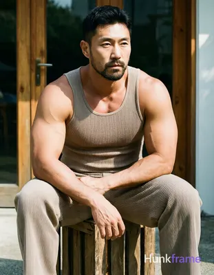 Seated adult man on wooden crate, torso angled right, left arm resting along thigh with hand near kn