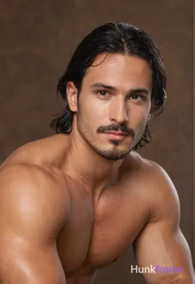 Photorealistic photograph of a shirtless man with wet hair and broad shoulders, 