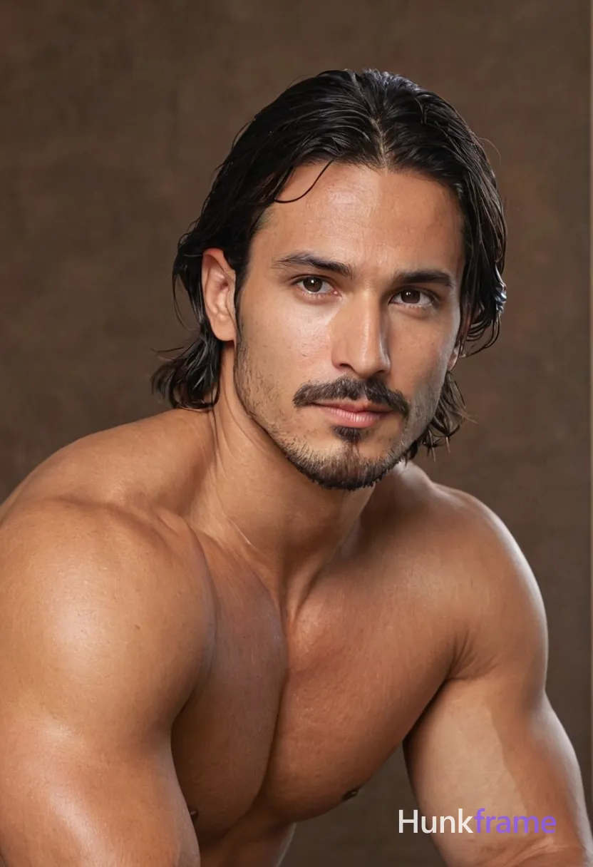 Photorealistic photograph of a shirtless man with wet hair and broad shoulders, seated with his head tilted to the side, out of frame at the top. The focus is on his torso with defined abs, captured in an 85:126 vertical portrait orientation (832x1216 canvas). Soft monochromatic black-and-white lighting highlights his features against a blurred background with subtle color accents for artistic effect. Tack-sharp image quality