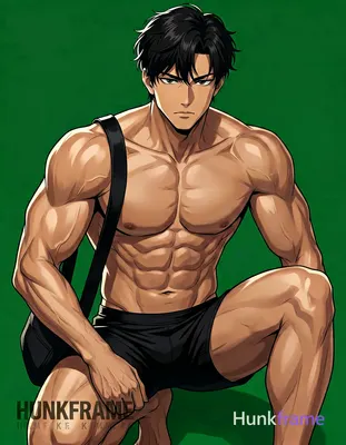 A polished anime style illustration of a muscular adult man with dark short slightly wavy hair and c