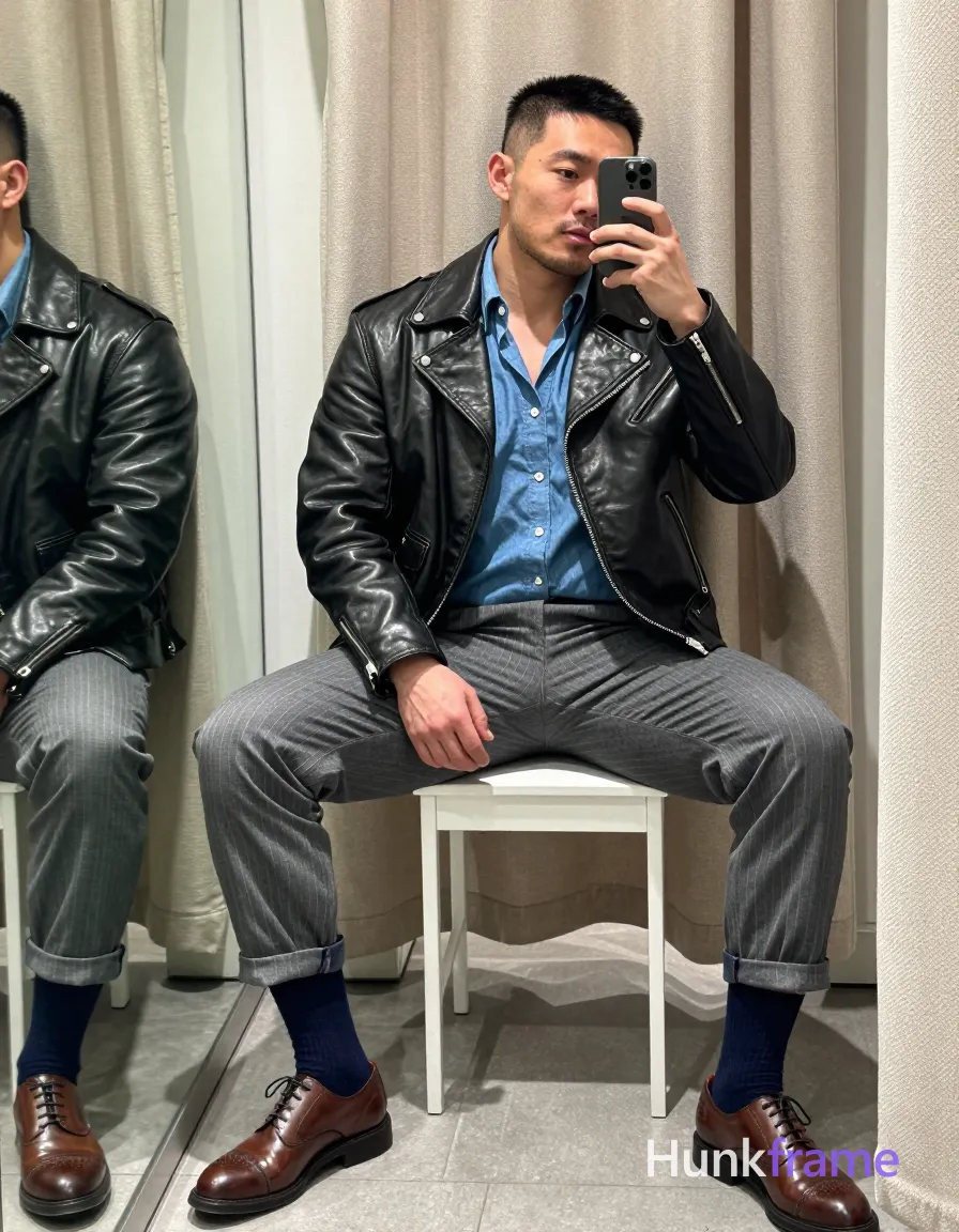 Asian man with short black buzz cut and light stubble sits on a white stool in an indoor dressing room, legs spread apart; He wears a worn-open black leather jacket revealing neck and collarbone, blue button-down shirt underneath, grey pinstripe trousers cuffed at ankles, dark blue crew socks to mid-calf, brown polished oxford shoes; Holding smartphone with right hand up to face capturing mirror selfie; phone partially obscures eye region; Right subject occupies right half of frame; left side shows full-length mirror reflection from side angle aligned vertically; Soft overhead ambient light casts gentle shadows under stool and jacket folds on beige curtain background; Muscle bear photography, big hairy stocky masculine man with bear energy, broad shoulders meaty chest rugged warm confidence preserved build, shot on iPhone 15 Pro main camera, authentic smartphone computational photography, natural Smart HDR and true-to-life skin texture, vertical 9:16 Xiaohongshu lifestyle feed, bright clean everyday scene, unretouched phone photo with subtle sensor grain, trendy Chinese internet 网红 aesthetic, candid influencer energy; single clean uninterrupted photograph with a cohesive editorial composition and plain continuous surrounding surfaces