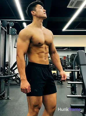 muscular male subject standing with arms slightly bent at elbows, torso angled to side, looking upwa