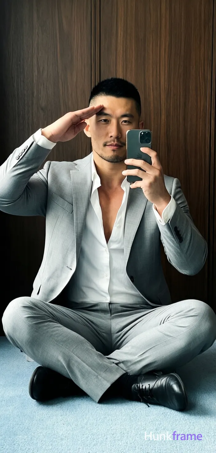 Asian man with short black buzz cut and light stubble, clean-shaven chin; Seated on a light blue carpeted floor in an X-leg pose against dark wood paneling; Wearing a light grey single-breasted suit jacket with notched lapels over an unbuttoned white dress shirt revealing upper chest cleavage; sleeves rolled up at wrists; Holding a dark smartphone to take a mirror selfie while saluting his forehead with right hand; Soft indoor lighting, vertical portrait composition 13:19, athletic photography style emphasizing defined anatomy and confident strength; single clean uninterrupted photograph with a cohesive editorial composition and plain continuous surrounding surfaces