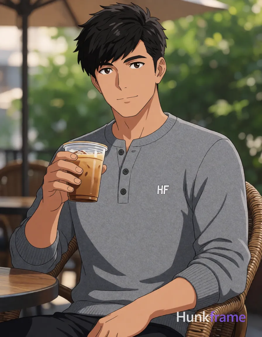 an anonymous figure adult man with light to medium tan skin, short textured black hair side-swept over forehead, clean-shaven jawline with faint upper lip stubble; Seated upright in wicker chair outdoors at café patio, torso angled forward holding iced coffee cup near chest level with right hand while left arm rests on lap edge; Wearing grey long-sleeve henley-style crewneck sweater with three-button placket and small embroidered white 'HF' logo replaced by single bold black text mark HF on left chest; Waist-up vertical portrait composition, polished anime 2.5D next-gen game art style rendering expressive calm face and athletic anatomy against softly blurred green foliage background; FULL GARMENT TEXT REPLACEMENT: remove every source garment word, sentence, slogan, logo, and partial brand spelling from every existing print area, then replace those source marks with only the wordmark, spelled exactly "HF"; This is replacement, Repeated "HF" marks are allowed only where the source garment already had printed text; preserve appropriate placement, typography, color, and scale, logo, caption; single clean uninterrupted artwork with a cohesive composition and plain continuous surrounding surfaces