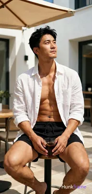 Asian man with light-medium skin and black short hair styled with volume, clean-shaven face looking 