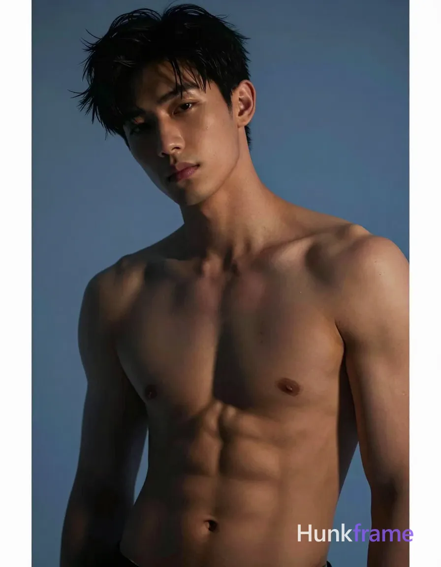 A handsome masculine male standing with his head slightly tilted to the side, shirtless and showcasing broad shoulders and defined abs. The torso-only crop is framed within an 819:1024 aspect ratio on a vertical portrait canvas of size 896x1088. Soft focus lighting creates dark blue shadows with orange highlights around his neck and shoulder area, giving the image a cinematic and artistic atmosphere in a studio setting