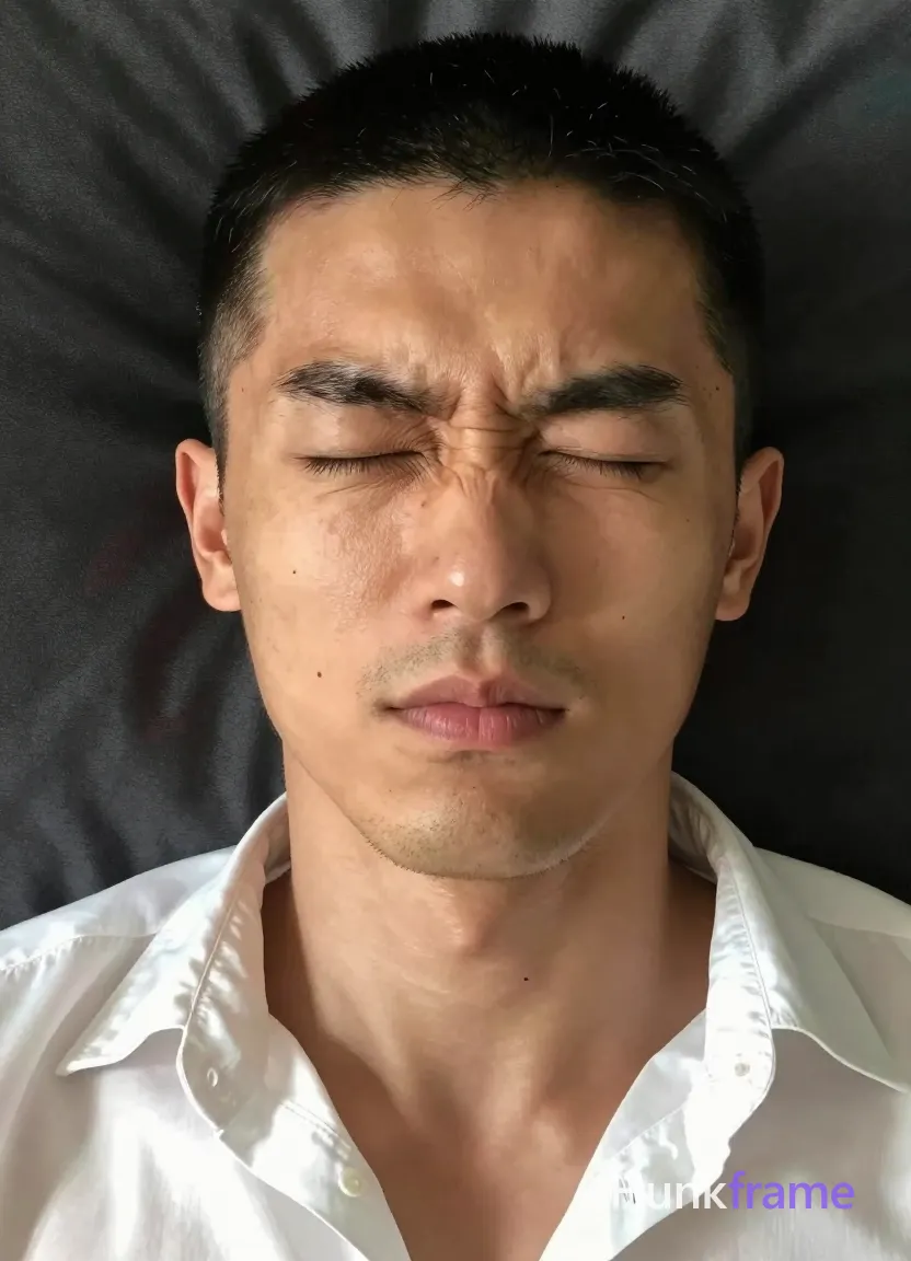 Photograph of exactly 1 adult man. Man 1: East Asian, light to medium tan with natural texture and pores visible under soft lighting, oval with defined jawline, short buzz cut, black, straight texture, even length all around, light stubble on chin and jawline, sparse mustache area, clean-shaven cheeks, small mole on left cheek near eye corner. Man 1 has fully exposed eyes, eyebrows, temples and nose bridge. Lean muscular build with defined jawline, light chin stubble. Lying supine grimacing tightly shut eyes while waking abruptly. White satin button-down shirt worn open exposing upper chest. Vertical close-up portrait centered on face, shoulders up. Indoor bedroom with dark fabric pillow background under soft light. Soft directional front-left light creating subtle shadows on neck. High-resolution fine-art photography emphasizing natural skin texture pores