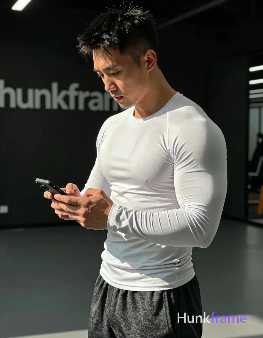 Asian man with short spiky black hair and faded undercut, clean-shaven chin with light upper lip stubble, standing in profile facing left; He wears a tight white ribbed long-sleeve compression shirt showing broad shoulders, defined pectorals, and tight ribcage definition, paired with dark gray textured athletic shorts holding a smartphone in his right hand while scrolling; Indoor gym setting with reflective floor and partial signage on dark walls behind him; Dramatic directional lighting from upper-left casts strong chiaroscuro shadows across face and torso emphasizing musculature; Fine-art photography aesthetic with sculpted light play, premium fashion-editorial tone, vertical portrait composition occupying majority of frame; FULL TEXT REPLACEMENT: remove every original source word, sentence, slogan, logo, and partial spelling from the text-bearing area, then replace it with only the wordmark, spelled exactly "hunkframe" on the sign in the composition; This is replacement; Preserve appropriate typography and scale; No other visible text, logo, caption, username, hashtag, comment, watermark, or UI chrome, same aesthetic theme and photo feel as the reference; single clean uninterrupted photograph with a cohesive editorial composition and plain continuous surrounding surfaces