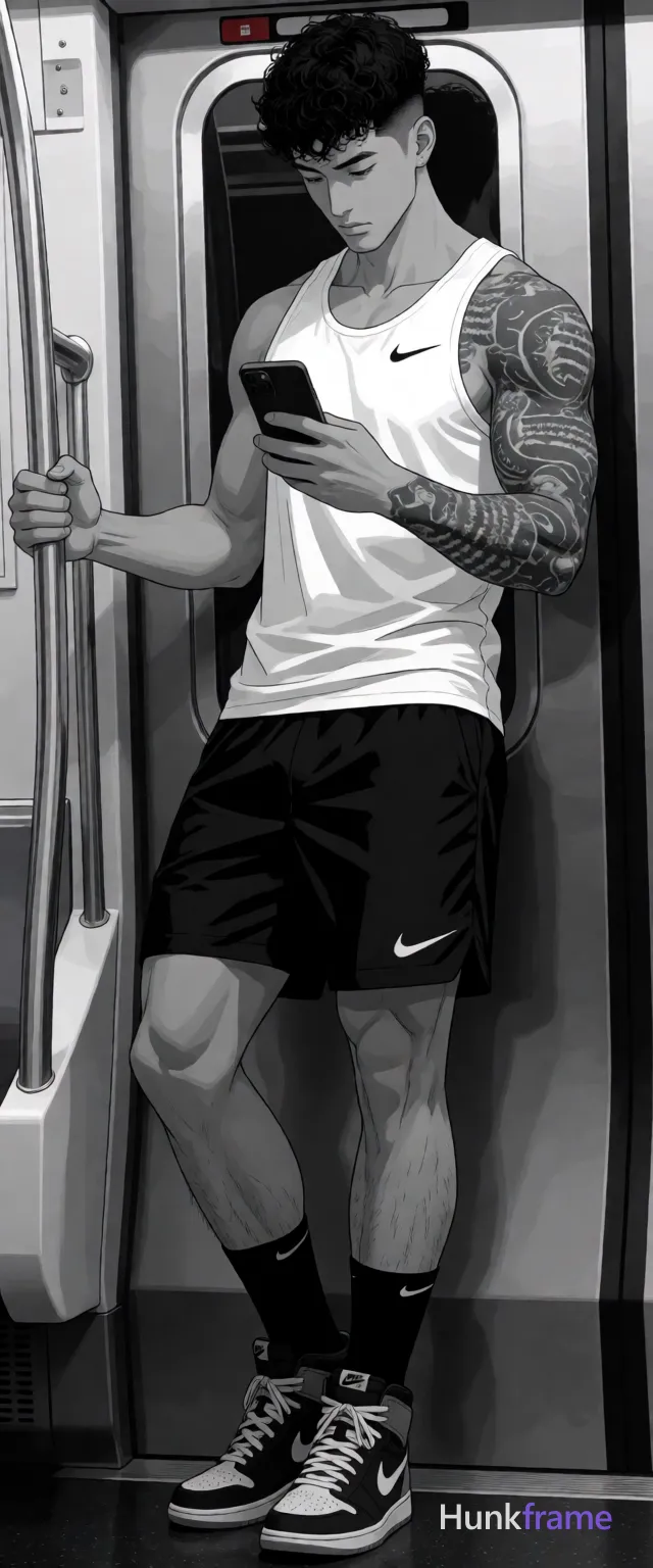 Polished anime 2.5D render of an Asian adult man in a subway car mirror selfie scene; He stands leaning against door frame, right hand holding black smartphone at chest level gazing downward, left arm extended gripping metallic grab bar above hip line; Wearing soaked white Nike tank top revealing sculpted six-pack abs and rib cage through wet fabric; entire left arm features dense script tattoos extending to spine area on upper back; Black athletic shorts with swoosh logo, mid-calf socks showing ankle bones, laced high-top sneakers; Short curly black hair with high fade, clean-shaven face beneath mask, focused downward expression; High-contrast lighting sharpens muscular definition and sweat-slicked skin texture in full-body vertical portrait; single clean uninterrupted artwork with a cohesive composition and plain continuous surrounding surfaces