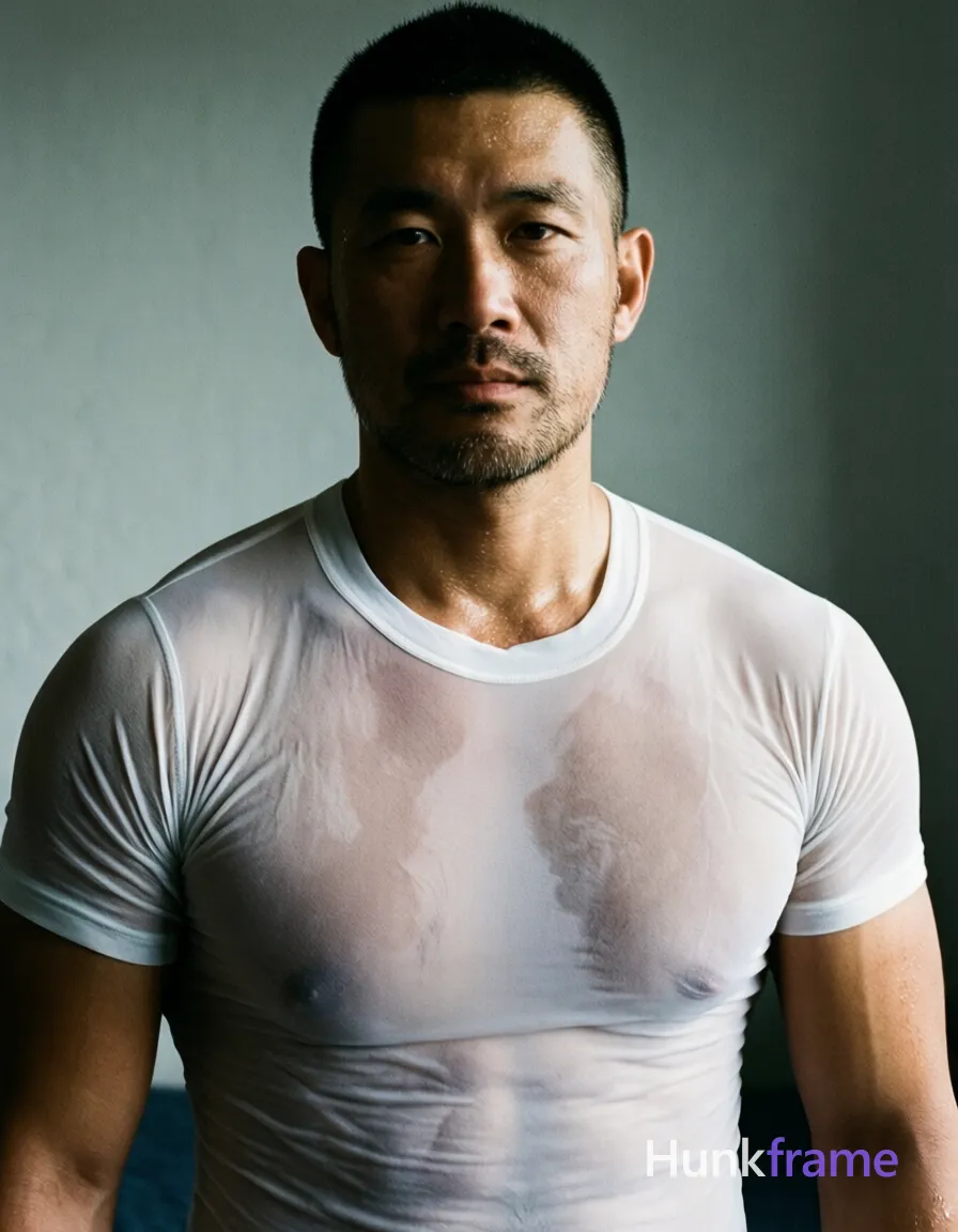 Asian adult man with short black buzz cut and light stubble, wearing a translucent white an anonymous figure compression shirt clinging to broad shoulders and defined pectorals; He stands upright facing forward in an indoor setting with a plain gray wall background Dramatic directional lighting creates high-contrast highlights on sweat-slicked skin and fabric texture; single clean uninterrupted photograph with a cohesive editorial composition and plain continuous surrounding surfaces
