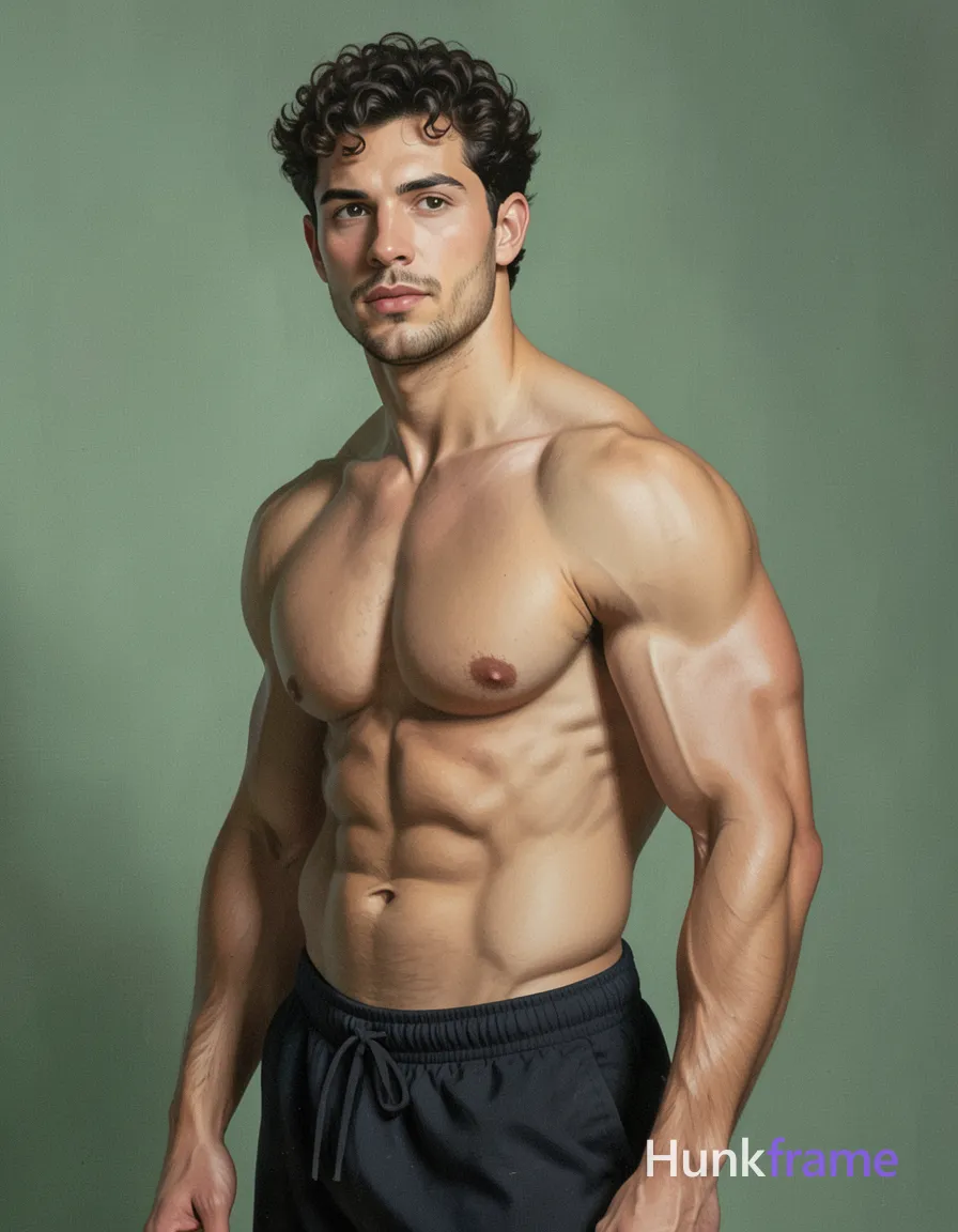 A digital painting of a shirtless man with a muscular torso leaning slightly to the side. He has broad shoulders and defined abs, his head turned towards the viewer making eye contact. The background is muted green with soft lighting creating a calm and contemplative mood. Tack-sharp quality with no face details due to head fully visible in frame. 43:50 aspect ratio vertical portrait orientation on an 896x1088 canvas