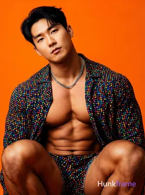 A photorealistic portrait of a handsome, muscular male standing with his head slightly tilted to one