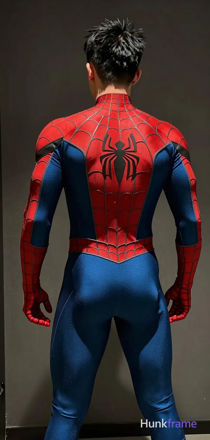 Asian man with short black spiky hair and clean-shaven face, standing in a 3/4 rear view mirror selfie. He wears a full-body Spider-Man cosplay suit (red and blue spandex) with high-neck collar covering neck entirely and long sleeves extending to wrists. Broad shoulders, defined back musculature, and thick thighs are emphasized by high-contrast lighting against dark neutral walls. Vertical portrait crop from head to mid-thighs, centered composition, fine-art photography aesthetic focusing on the suit's texture and physique., a single uninterrupted photograph only, no written words or typography anywhere in frame, no captions, no app UI, no social-media post layout, no screenshot borders