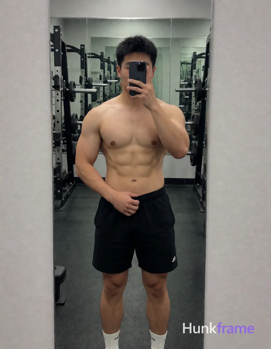 Photograph of exactly 1 adult man. Man 1: Asian, light-medium, square-jawed with defined cheekbones, black, short textured crop top length at crown tapering to nape, slightly spiky front, clean-shaven chin and jawline, minimal stubble on upper lip if any. Man 1 has fully exposed eyes, eyebrows, temples and nose bridge. Broad shoulders, defined deltoids with thick quadriceps. Right hand lifts black shorts waistband exposing inner thigh. Shirtless chest showing six-pack abs, white calf socks. Vertical full-length mirror selfie obscuring face partially. Indoor gym with mirrored walls reflecting weight racks. Even overhead fluorescent light highlighting muscle definition. Candid iPhone fitness documentation with neutral gray background