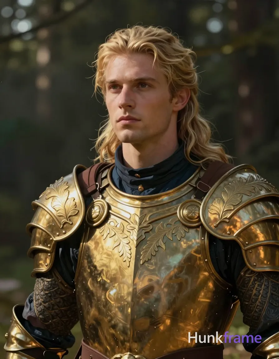A handsome light-skinned man with fair warm undertones stands in an upper-torso portrait, head centered and shoulders relaxed slightly turned left. He wears ornate golden-brown armor with embossed leaf motifs on pauldrons and breastplate over a dark blue high-collared garment visible at the neck. His long blonde hair is swept back and tousled framing his clean-shaven face while he gazes calmly directly at the viewer. The artistic partial nude adult pose exposes only the neck against an outdoor forest setting with blurred foliage. Dappled sunlight filters from upper left creating dramatic directional lighting on fine-art illustration textures, soft painterly strokes highlighting high detail armor features and muted greens in the background., a single uninterrupted photograph only, no written words or typography anywhere in frame, no captions, no app UI, no social-media post layout, no screenshot borders