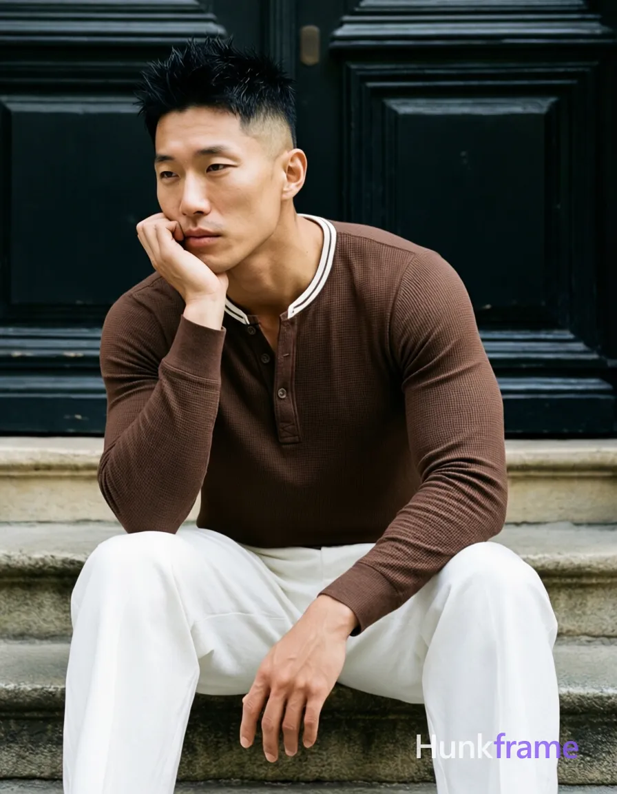 Asian man with short black textured spiky hair fading to tight buzz, clean-shaven face, neutral contemplative gaze; He sits on stone steps in front of dark ornate double doors wearing a brown long-sleeve henley shirt with white ribbed collar trim and button placket, paired with white wide-leg trousers; Lean build physique fully clothed from head to knees; Vertical sensual framing emphasizes sculpted light falling across the lean torso and thighs as he rests left hand under chin while right arm extends downward along thigh in a relaxed pose, same aesthetic theme and photo feel as the reference but a different man in a different pose with distinct body proportions, lean Korean man, sharp jaw, monolid eyes, slim swimmer build, natural black hair; single clean uninterrupted photograph with a cohesive editorial composition and plain continuous surrounding surfaces