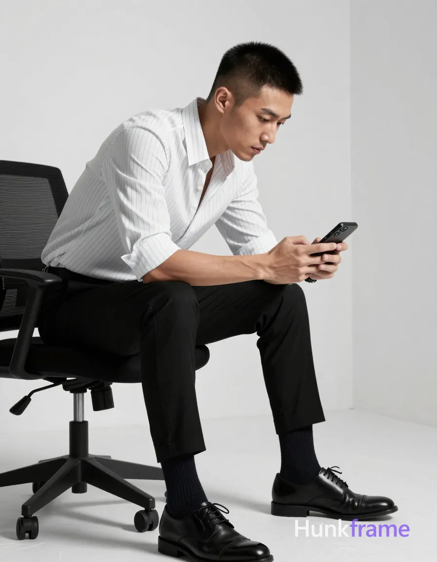 Asian man with short buzz cut, dark brown/black textured top fade to skin on sides and back, clean-shaven face; Seated on office chair left side of frame, mid-thigh up to head crop; torso leaning forward over raised left knee while holding black smartphone in both hands, thumbs interacting with screen; Wearing white long-sleeve button-up shirt with thin vertical dark stripes, collar open at neck, sleeves rolled up to mid-forearm, black tailored trousers cuffed above ankles, dark ribbed crew socks pulled high on calves, black leather lace-up dress shoes; Minimalist indoor space with white walls and light flooring; soft directional lighting from left casting subtle shadows; High contrast monochrome palette emphasizing sharp tailoring details against neutral background, same aesthetic theme and photo feel as the reference but a different man in a different pose with distinct body proportions, Chinese man, light tan skin, high cheekbones, lean wiry martial-arts physique; single clean uninterrupted photograph with a cohesive editorial composition and plain continuous surrounding surfaces