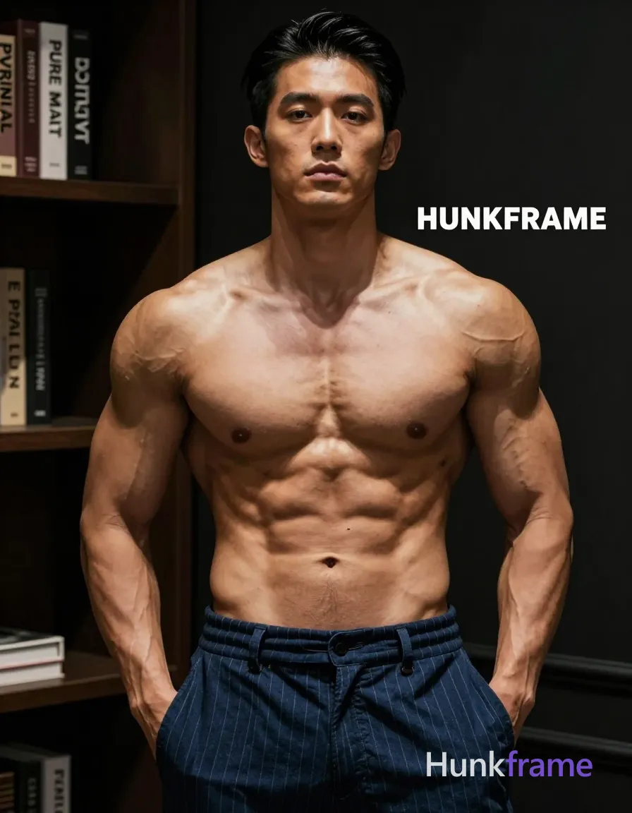 Asian man with tanned skin and short black hair styled back, clean-shaven face with neutral direct gaze. Standing center-left in a vertical portrait crop (waist-up), hands deep inside pockets of dark blue pinstriped trousers. Shirtless adult male displaying highly muscular chest and abs, defined pectorals, six-pack abs, visible vascularity on arms; bare torso exposed from chest to abdomen. Indoor studio setting with dark bookshelf background featuring spines 'PURE MALT' and 'E PAPILLON'. Dramatic directional lighting from front-right creates high-contrast highlights on skin and muscles against warm tans and deep blues palette. Fine-art photography aesthetic, highly detailed muscle definition, confident strength, athletic gym culture vibe. Include exactly one visible wordmark, spelled exactly "HUNKFRAME", in the same compositional text position; preserve its appropriate typography and scale. No other visible text, logo, caption, username, hashtag, comment, watermark, or UI chrome., same aesthetic theme and photo feel as the reference but a different man in a different pose with distinct body proportions, Japanese man, soft masculine features, straight black hair, slim dancer build, a single uninterrupted photograph only, no written words or typography anywhere in frame, no captions, no app UI, no social-media post layout, no screenshot borders