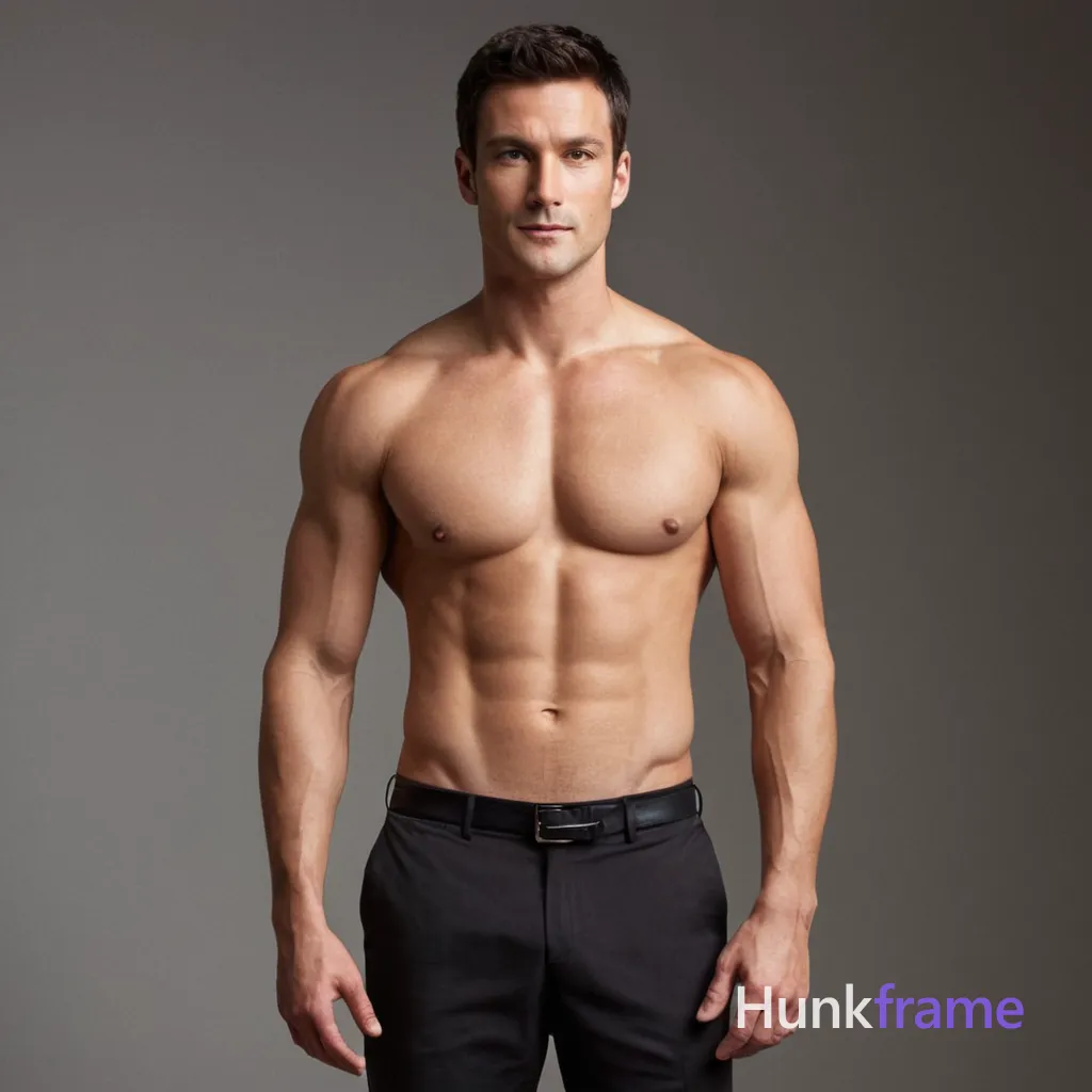 A handsome an anonymous figure man standing confidently on a neutral gray backdrop, shirtless with short dark hair. He has well-defined muscles and stands with arms slightly bent and chest forward, emphasizing his masculine physique. Soft diffused lighting highlights the contours of his body without harsh shadows, creating a serene and inviting atmosphere. The full-body shot includes legs and feet in a 1:1 aspect ratio composition