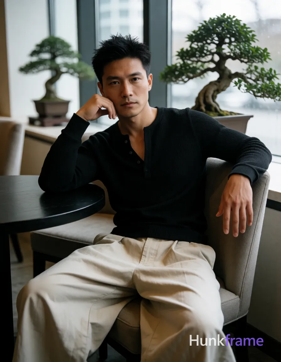 an anonymous figure adult man with medium tan skin and short spiky black hair, clean-shaven chin with faint upper lip stubble; He wears a black long-sleeve ribbed Henley shirt open at the placket revealing his sculpted upper chest, paired with loose light beige wide-leg trousers showing thick thighs; Seated sideways on an upholstered chair in an indoor lounge near a window wall overlooking bonsai trees; right elbow propped on a round black table supporting chin while left arm rests along backrest; Vertical portrait composition 13:19 ratio capturing the reflection of his contemplative neutral expression with slight pout, fine-art photography aesthetic with dramatic soft natural daylight from the side emphasizing sculpted masculine form and tasteful suggestive framing; single clean uninterrupted photograph with a cohesive editorial composition and plain continuous surrounding surfaces