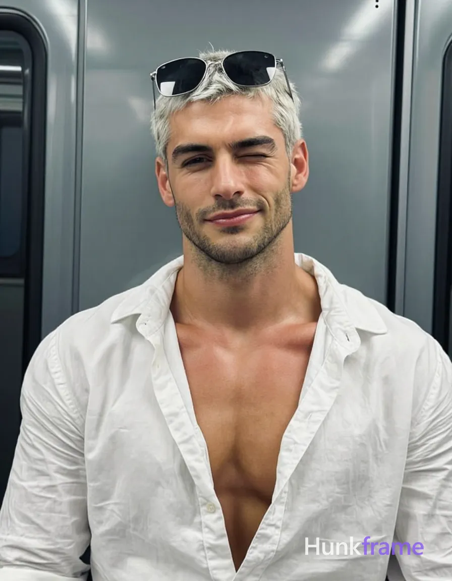 Caucasian adult man with fair to light tan skin and warm undertones, short buzz cut on sides back textured platinum blonde top layer receding temples; Sunglasses perched on top of head dark lenses thin metal frames not worn face; Light stubble jawline chin no mustache minimal goatee; Winking left eye closed right eye open gazing forward slight smirk neutral mouth upper torso facing camera directly head slightly tilted static pose white button-down dress shirt unbuttoned mid-chest revealing collarbone and upper sternum artistic partial nude adult broad shoulders defined pectorals visible abdominal definition arms folded behind ears resting on scalp high-resolution smartphone capture shallow depth of field isolating subject against blurred subway interior vertical lines suggesting train car structure cool gray-blue background confident alluring casual-cool mood portrait centered vertically cropped from shoulders up 13:19 aspect ratio The adult man visibly wears sunglasses perched on top of head (not worn on face); dark lenses with thin metal frames; arms folded behind ears or resting on scalp on; single clean uninterrupted photograph with a cohesive editorial composition and plain continuous surrounding surfaces