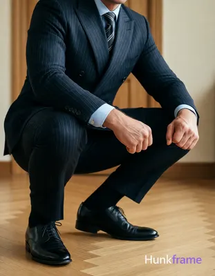 A handsome adult man in a dark navy pinstripe double-breasted suit jacket with two-button closure on