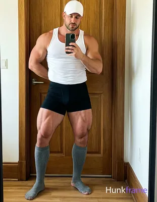 Candid iPhone selfie of a handsome muscular man with light-medium skin and short dark hair under a w
