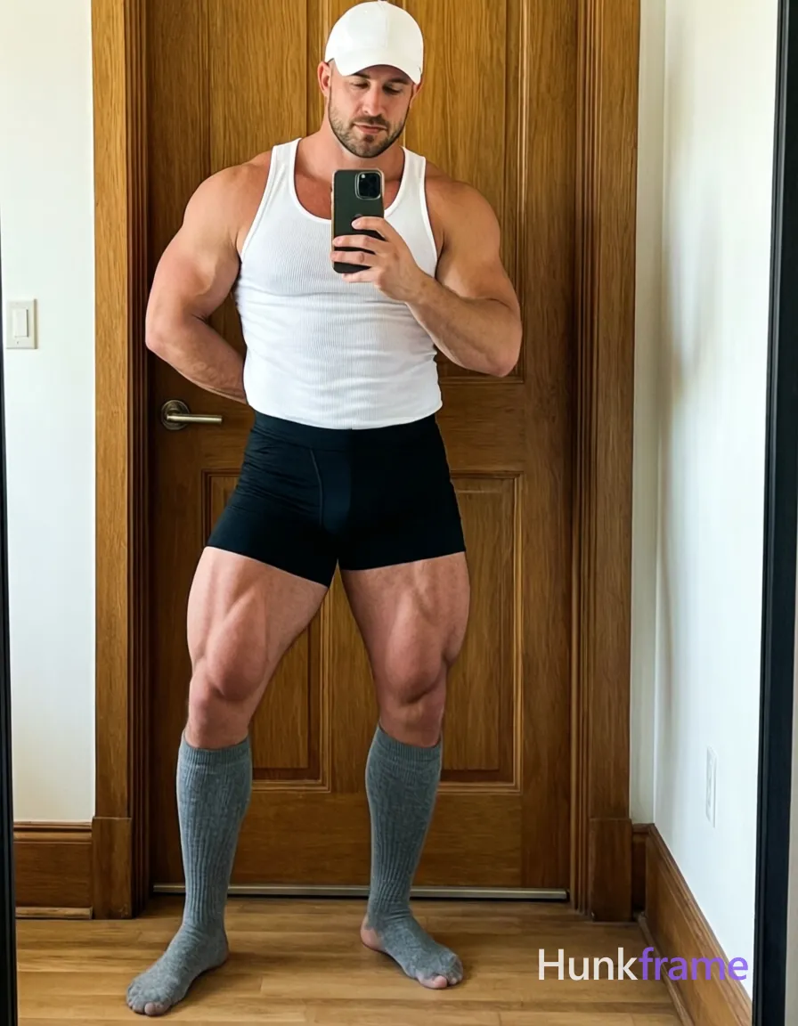 Candid iPhone selfie of a handsome muscular man with light-medium skin and short dark hair under a white cap in a trendy fitness influencer setting. He stands facing the camera in a wide stance against a wooden door, wearing a white ribbed tank top covering his torso completely, black tight-fitting shorts ending mid-thigh revealing thick quadriceps and calves, grey knee-high socks worn barefoot. His right hand holds a smartphone at chest level taking the photo while his left hand rests behind his back holding the waistband of his shorts. Natural indoor lighting creates real lifestyle scene with confident athletic vibe; clean background with minimal distractions captures vertical social-feed look., a single uninterrupted photograph only, no written words or typography anywhere in frame, no captions, no app UI, no social-media post layout, no screenshot borders