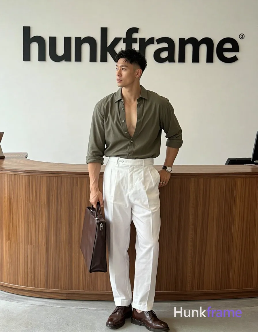 Asian man with short dark textured hair and clean-shaven face, neutral contemplative gaze rightward, standing upright left hand on curved wooden counter edge holding briefcase at hip; Wearing olive-green button-down shirt sleeves rolled mid-forearm top two buttons undone revealing white undershirt or bare chest upper neck collarbones visible, white high-waisted pleated trousers brown leather dress shoes; FULL TEXT REPLACEMENT: remove every original source word, sentence, slogan, logo, and partial spelling from the text-bearing area, then replace it with only the wordmark, spelled exactly "hunkframe" on the sign in the composition; This is replacement; Preserve appropriate typography and scale, logo, caption, username, hashtag, comment, watermark, or UI chrome, shot on iPhone 15 Pro main camera, authentic smartphone computational photography, natural Smart HDR and true-to-life skin texture, vertical 9:16 Xiaohongshu lifestyle feed, bright clean everyday scene, unretouched phone photo with subtle sensor grain, trendy Chinese internet 网红 aesthetic, candid influencer energy; single clean uninterrupted photograph with a cohesive editorial composition and plain continuous surrounding surfaces