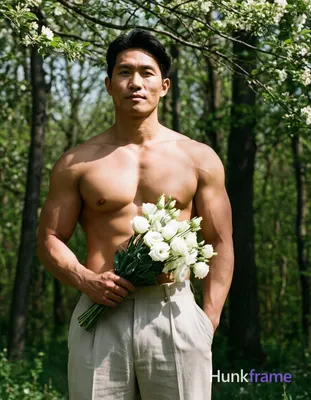 Asian man with light-medium skin standing upright in an outdoor wooded area, torso facing forward. H